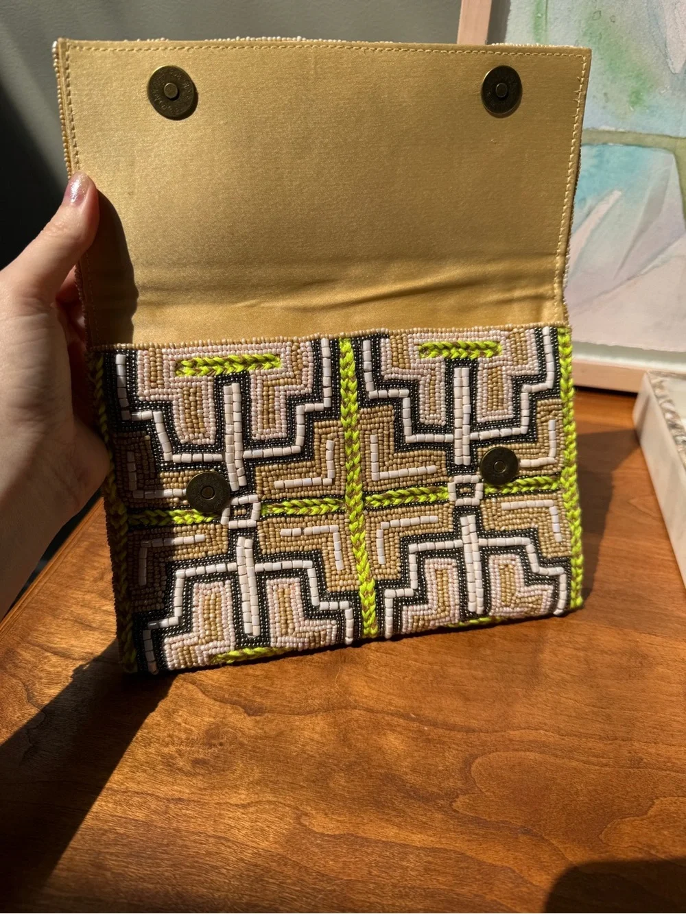 Beaded Geometric Clutch Crossbody – Cream Gunmetal Lime